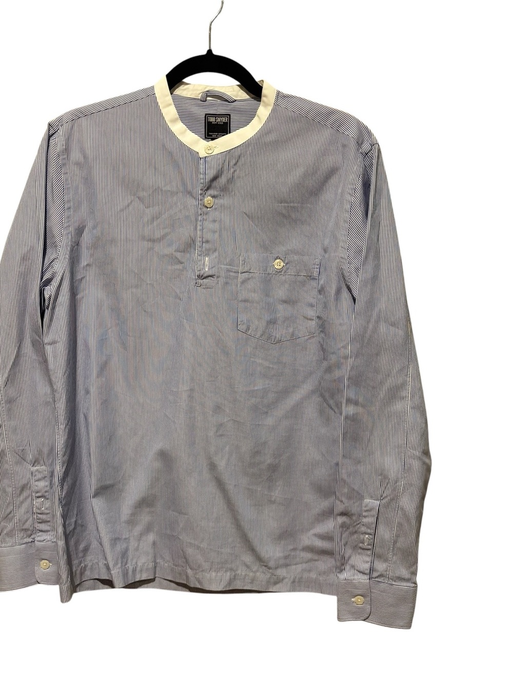 Todd Snyder Classic Men's Blue Stripe banded  collar  Shirt M